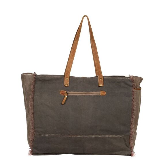 Myra Bag Handmade Partisan Weekender Bag Upcycled Canvas & Cowhide Leather - Picture 5 of 12